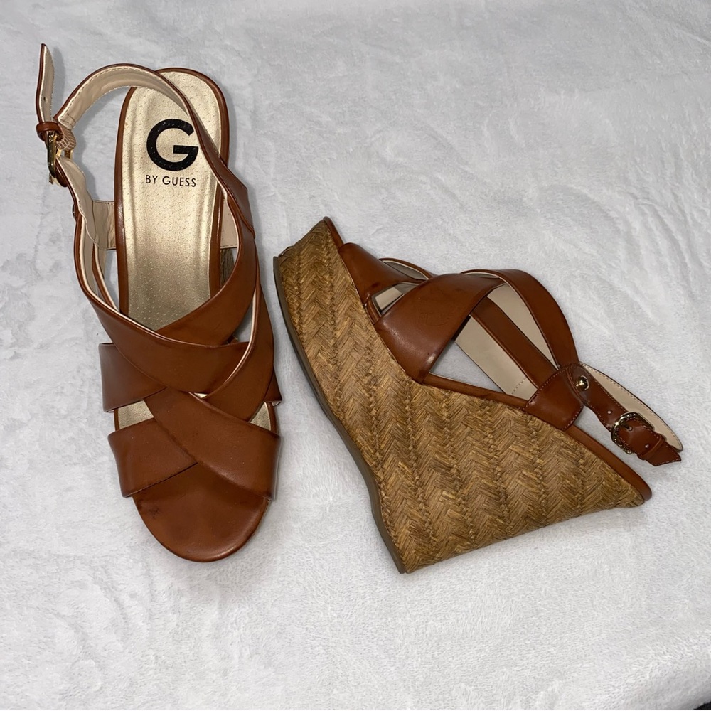 G By Guess Havana Brown Platform Wedge Sandals Size 10M